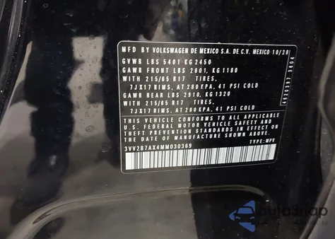2021 Volkswagen Tiguan 2.0T Se/2.0T Se R-Line Black/2.0T Sel from USA, damaged, VIN 3VV2B7AX4MM030369